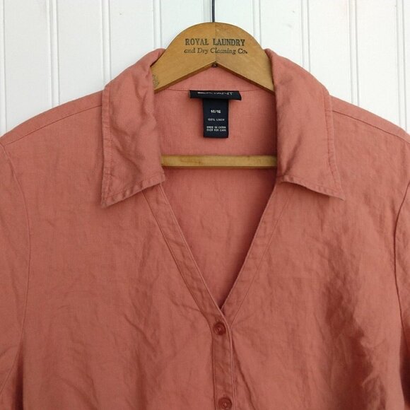 Lane Bryant Linen Top Plus Size 14/16 Terra Cotta Short Sleeve Button Up Collar - Picture 2 of 8